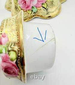 Antique RC Nippon Chocolate Pot Roses Cups Saucers Hand Painted Applied Gold