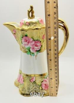 Antique RC Nippon Chocolate Pot Roses Cups Saucers Hand Painted Applied Gold