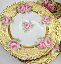 Antique RC Nippon Chocolate Pot Roses Cups Saucers Hand Painted Applied Gold