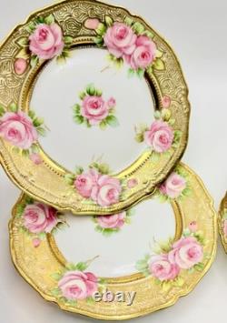 Antique RC Nippon Chocolate Pot Roses Cups Saucers Hand Painted Applied Gold