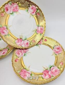Antique RC Nippon Chocolate Pot Roses Cups Saucers Hand Painted Applied Gold