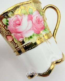 Antique RC Nippon Chocolate Pot Roses Cups Saucers Hand Painted Applied Gold