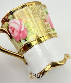 Antique RC Nippon Chocolate Pot Roses Cups Saucers Hand Painted Applied Gold