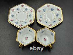 Antique ROSENTHAL 2 mocha cups with saucers Germany 1920 Gold Painting Blue Pink
