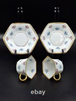 Antique ROSENTHAL 2 mocha cups with saucers Germany 1920 Gold Painting Blue Pink