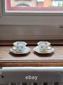 Antique ROSENTHAL 2 mocha cups with saucers Germany 1920 Gold Painting Blue Pink