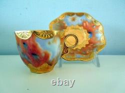 Antique Rare Coalport Dainty Cup Saucer Marbleized Pattern Gilded Bowl