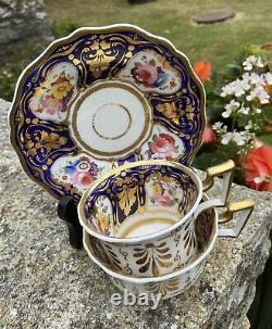 Antique Ridgway Trio 2/1043 Hand Painted Flowers c1825 Cobalt &! Gold