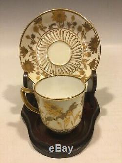 Antique Royal Crown Derby Raised Two-Tone Gold Cup & Saucer Hand Painted Floral