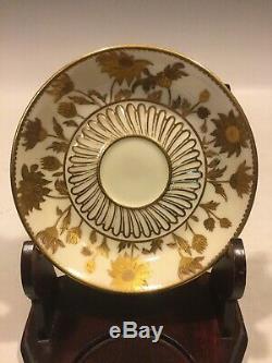 Antique Royal Crown Derby Raised Two-Tone Gold Cup & Saucer Hand Painted Floral