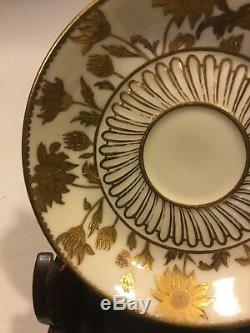 Antique Royal Crown Derby Raised Two-Tone Gold Cup & Saucer Hand Painted Floral