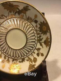 Antique Royal Crown Derby Raised Two-Tone Gold Cup & Saucer Hand Painted Floral