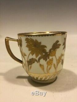 Antique Royal Crown Derby Raised Two-Tone Gold Cup & Saucer Hand Painted Floral