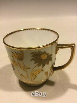 Antique Royal Crown Derby Raised Two-Tone Gold Cup & Saucer Hand Painted Floral