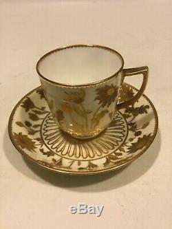 Antique Royal Crown Derby Raised Two-Tone Gold Cup & Saucer Hand Painted Floral