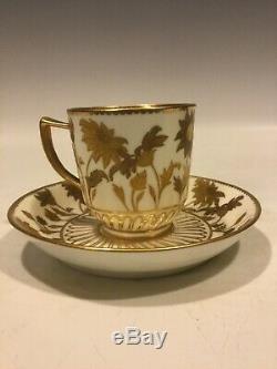 Antique Royal Crown Derby Raised Two-Tone Gold Cup & Saucer Hand Painted Floral