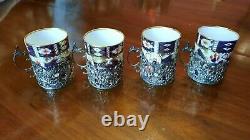 Antique Royal Crown Derby Solid Silver Imari Pattern Set 4 Cups Coffee Cans
