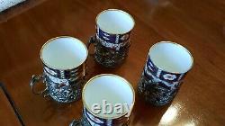 Antique Royal Crown Derby Solid Silver Imari Pattern Set 4 Cups Coffee Cans