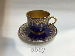 Antique Royal Worcester Cabinet Cup & Saucer Cobalt Blue Jewelled & Gilded Dec