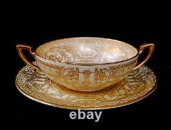 Antique Royal Worcester Hand Painted Signed Floral And Gold Soup Cup & Saucer