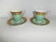 Antique Royal Worcester Pair Of Green Gold Gilt Demitasse Coffee Cups & Saucers