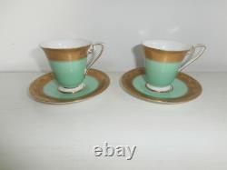 Antique Royal Worcester Pair Of Green Gold Gilt Demitasse Coffee Cups & Saucers