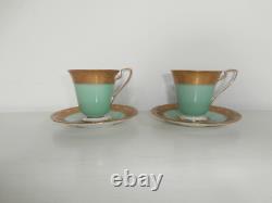 Antique Royal Worcester Pair Of Green Gold Gilt Demitasse Coffee Cups & Saucers