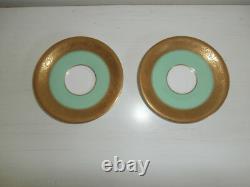 Antique Royal Worcester Pair Of Green Gold Gilt Demitasse Coffee Cups & Saucers