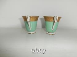 Antique Royal Worcester Pair Of Green Gold Gilt Demitasse Coffee Cups & Saucers