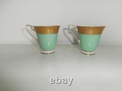 Antique Royal Worcester Pair Of Green Gold Gilt Demitasse Coffee Cups & Saucers
