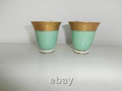 Antique Royal Worcester Pair Of Green Gold Gilt Demitasse Coffee Cups & Saucers