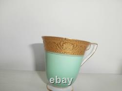 Antique Royal Worcester Pair Of Green Gold Gilt Demitasse Coffee Cups & Saucers