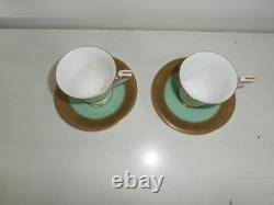 Antique Royal Worcester Pair Of Green Gold Gilt Demitasse Coffee Cups & Saucers