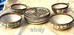 Antique SET of 10 Chinese Famille Rose 19th C Gold Trim Cups-4 & Saucers-6 NICE