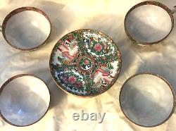 Antique SET of 10 Chinese Famille Rose 19th C Gold Trim Cups-4 & Saucers-6 NICE
