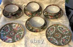 Antique SET of 10 Chinese Famille Rose 19th C Gold Trim Cups-4 & Saucers-6 NICE