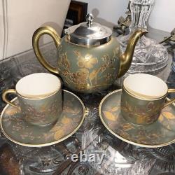 Antique Satsuma JAPANESE Porcelain Teapot Gold Silver Plated 2 Tea Cups Saucers