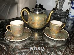 Antique Satsuma JAPANESE Porcelain Teapot Gold Silver Plated 2 Tea Cups Saucers