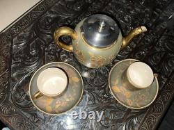 Antique Satsuma JAPANESE Porcelain Teapot Gold Silver Plated 2 Tea Cups Saucers
