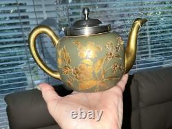 Antique Satsuma JAPANESE Porcelain Teapot Gold Silver Plated 2 Tea Cups Saucers