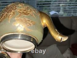 Antique Satsuma JAPANESE Porcelain Teapot Gold Silver Plated 2 Tea Cups Saucers