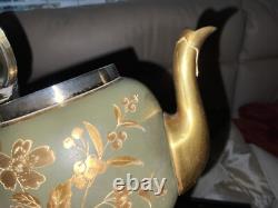 Antique Satsuma JAPANESE Porcelain Teapot Gold Silver Plated 2 Tea Cups Saucers