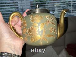 Antique Satsuma JAPANESE Porcelain Teapot Gold Silver Plated 2 Tea Cups Saucers