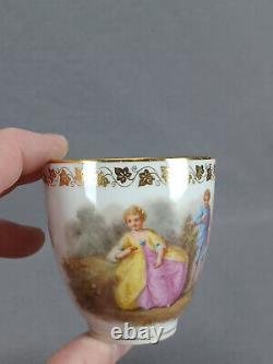 Antique Sevres Hand Painted Watteau Scene & Gold Ivy Leaf Coffee Cup & Saucer