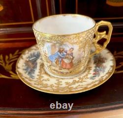 Antique Sevres Handpainted Elaborate Gold Details Demitasse Cup & Saucer