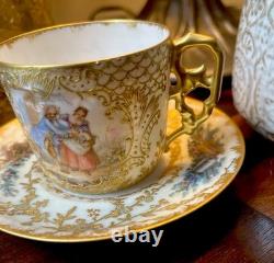 Antique Sevres Handpainted Elaborate Gold Details Demitasse Cup & Saucer