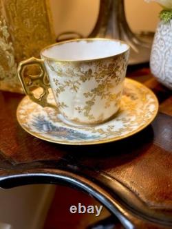 Antique Sevres Handpainted Elaborate Gold Details Demitasse Cup & Saucer
