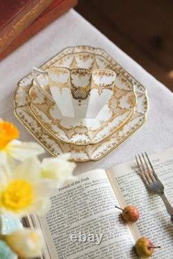 Antique Shelley Art Deco Queen Anne Shape Gold Lace Cup Saucer And Plate Trio