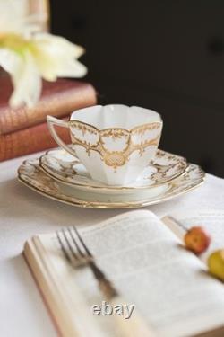 Antique Shelley Art Deco Queen Anne Shape Gold Lace Cup Saucer And Plate Trio