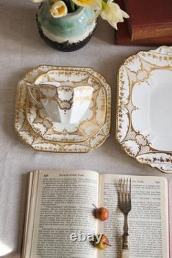 Antique Shelley Art Deco Queen Anne Shape Gold Lace Cup Saucer And Plate Trio
